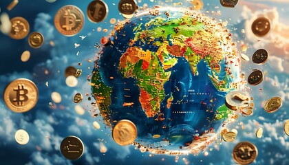 Naklejka premium A creative visualization of different global currencies floating around the earth, representing international investments