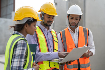Team of construction engineers wearing vest and helmet safety discussing project at construction...