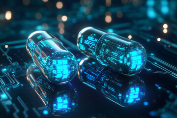 Futuristic digital capsules with digital elements, illuminated by a blue glow, placed on a reflective surface with a technological, circuit-like background symbolizing technology in medicine