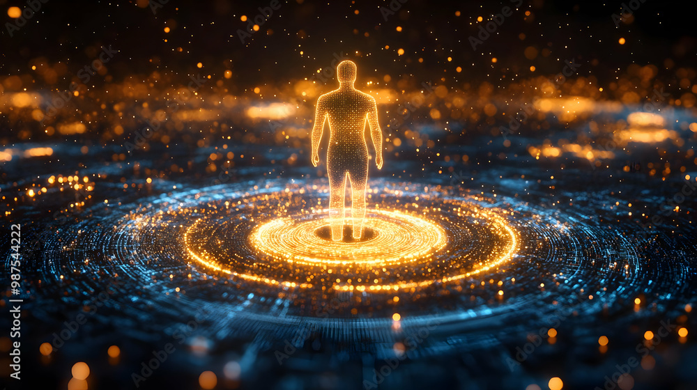 Poster futuristic digital figure surrounded by glowing data circles, symbolizing advanced technology and vi