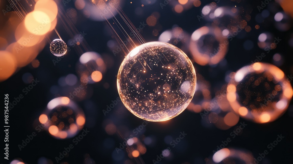 Poster floating 3d spheres with glowing cores, connected by thin, transparent threads, suspended in a dark 