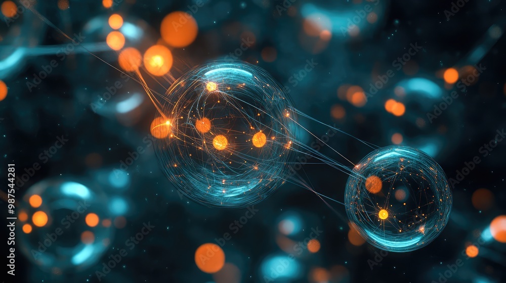 Poster floating 3d spheres with glowing cores, connected by thin, transparent threads, suspended in a dark 