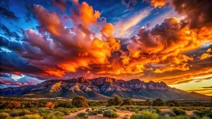 Majestic Sandia Mountains glow brilliantly in sunset colors, with a dramatic sky adding depth to the landscape, creating an unforgettable scene of natural beauty.