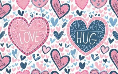 Hearts love hug. Seamless pattern with hearts featuring love and hug messages. Perfect for Valentine's Day cards, gifts, and more.
