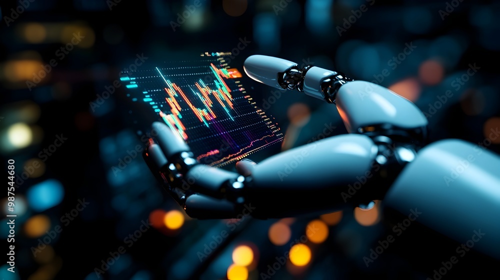 Poster close up image of a robotic hand holding a glowing holographic chart representing the power of intel