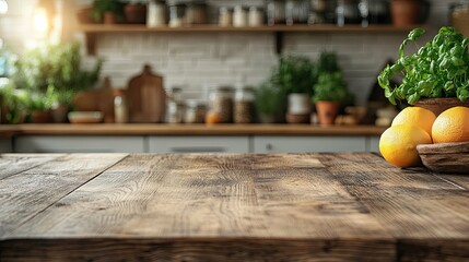 Wooden Tabletop with Oranges and Green Plant in Blurred Kitchen Background