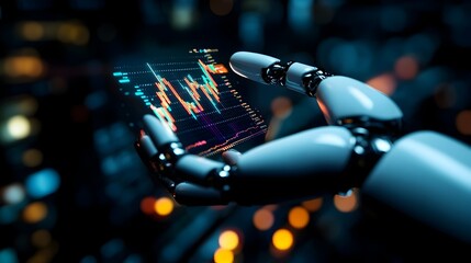 Close up image of a robotic hand holding a glowing holographic chart representing the power of intelligence and technology in finance and data driven decision making