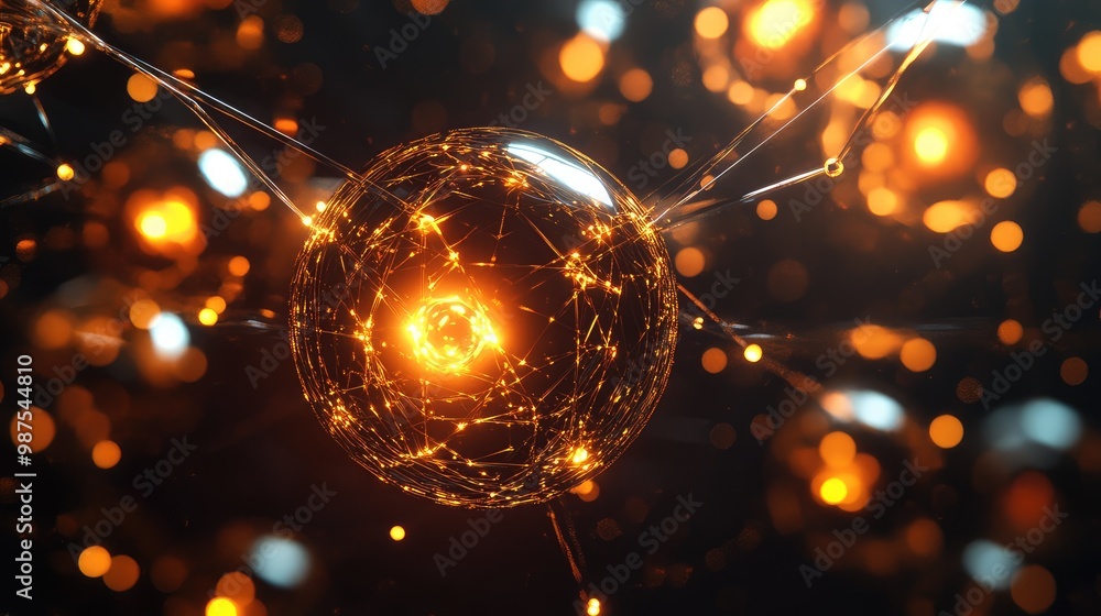 Poster floating 3d spheres with glowing cores, connected by thin metallic lines, suspended in a dark void.