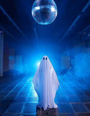 Lonely ghost Halloween costume-wearing person in an empty club blue dancefloor smoked disco