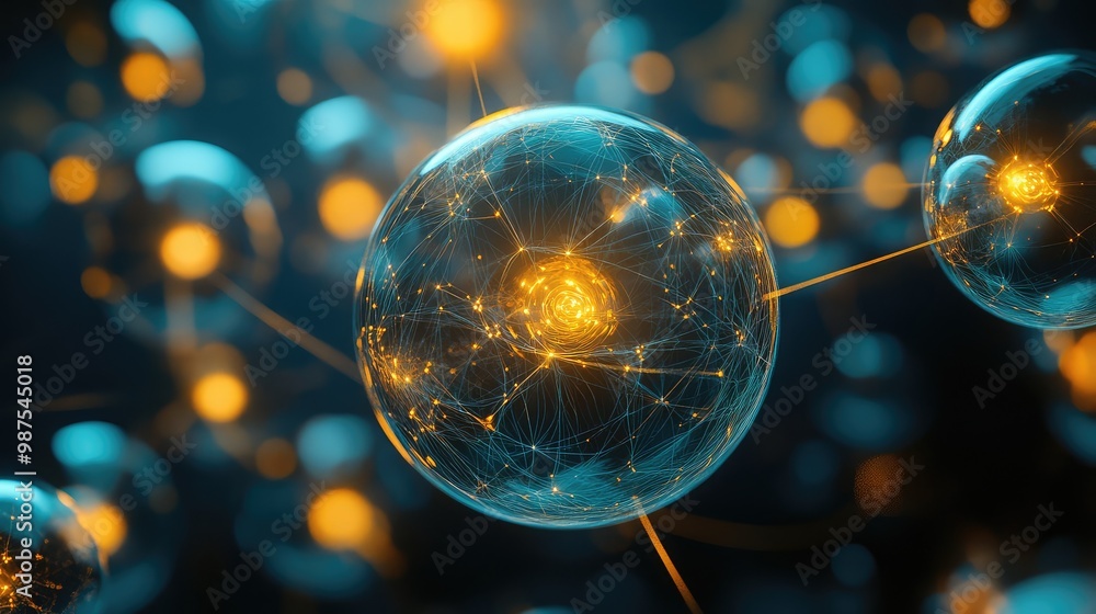 Poster floating 3d spheres with glowing cores, connected by thin, transparent threads, suspended in an empt
