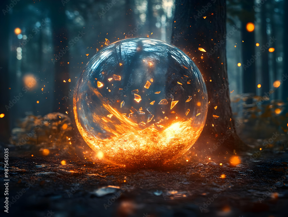 Poster a glowing orb surrounded by fragmented glass and fire, set in a mystical forest with soft luminosity