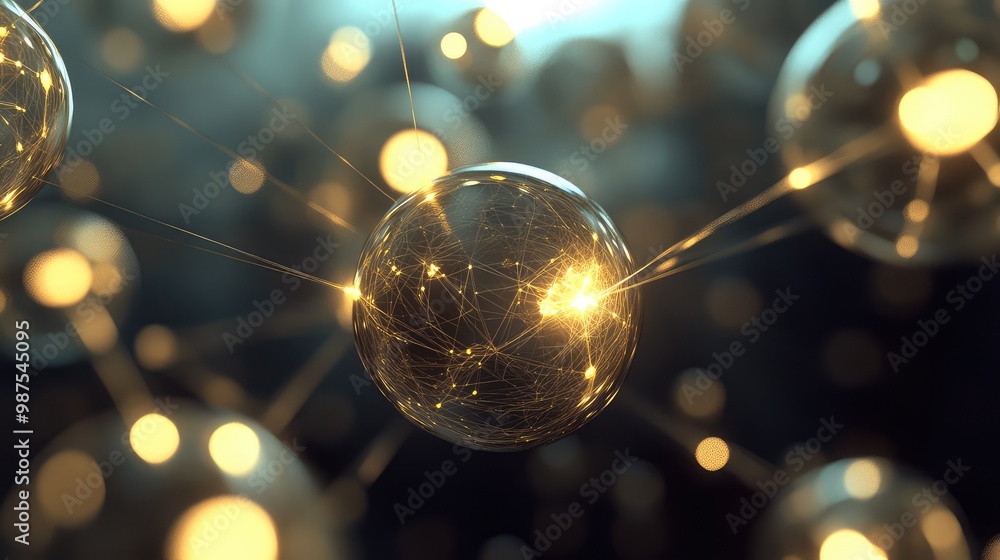 Poster floating 3d spheres with glowing cores, connected by thin, transparent threads, suspended in an empt