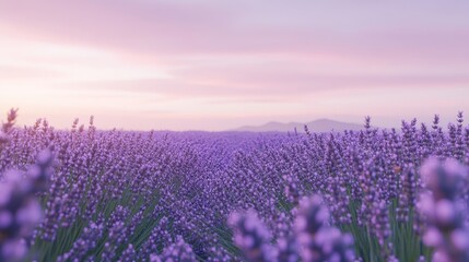Naklejka premium Lush field of lavender flowers with a soft purple sky