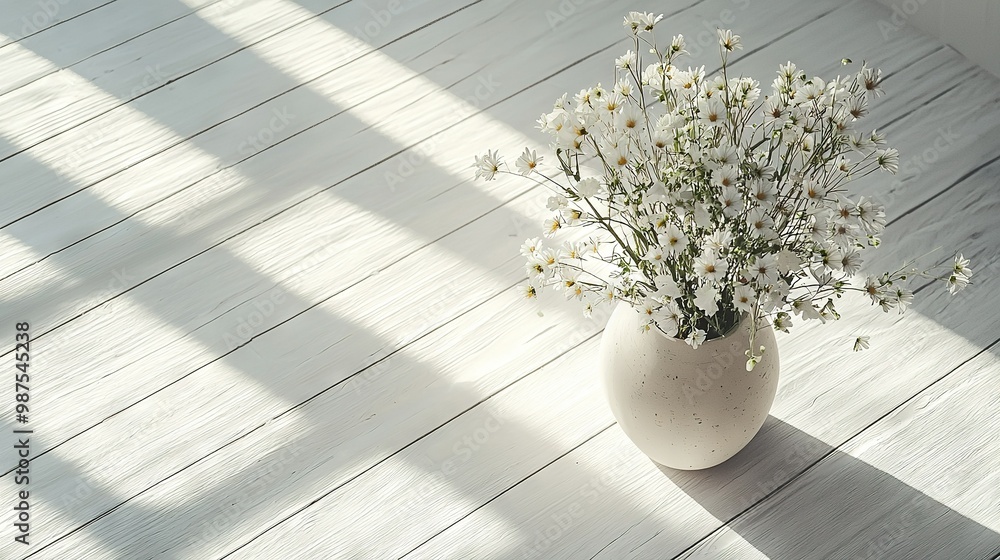 Wall mural   A vase, white with blossoms, atop wooden flooring Behind, a shadowy wall