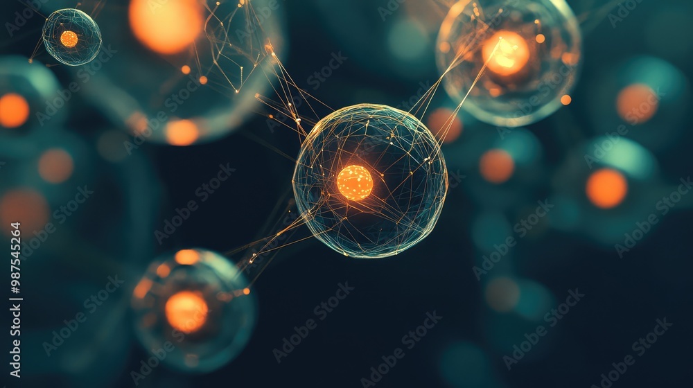 Poster floating 3d spheres with glowing cores, connected by thin, transparent threads, suspended in an empt
