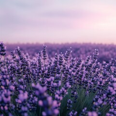 Lush field of lavender flowers with a soft purple sky