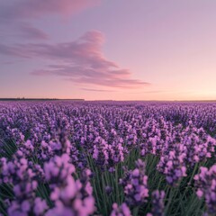 Naklejka premium Lush field of lavender flowers with a soft purple sky