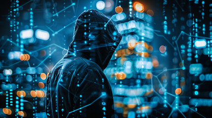 A hacker using AI algorithms to disrupt critical infrastructure, illustrating the growing threat of AI in cyber warfare