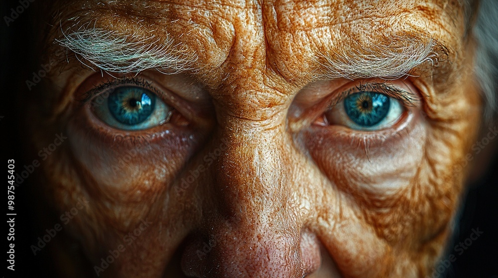 Wall mural   Close-up of elderly woman's face with blue eyes and freckles on forehead