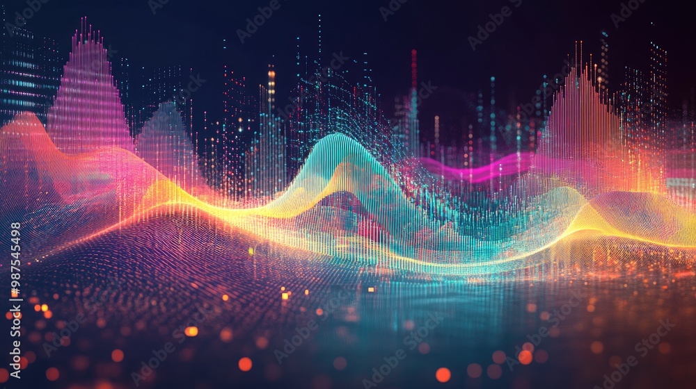Poster an abstract digital equalizer graphic with layered sound waves in various colors, designed to visual