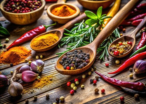 On a rustic table, a wooden tablespoon sits surrounded by vibrant spices and aromatic herbs, inspiring delicious creations in cooking and baking endeavors.