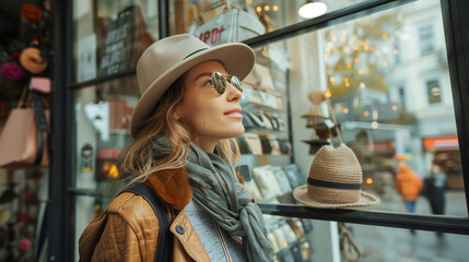 Young woman looking at a hat shop window display, showing interest in fashion and style