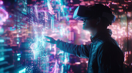 A person interacting with a virtual world using 6G technology, blending the physical and digital worlds in real-time