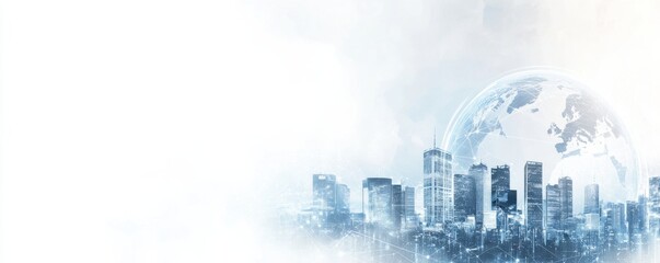 Abstract digital cityscape with a globe overlay, perfect for business presentations and futuristic concepts