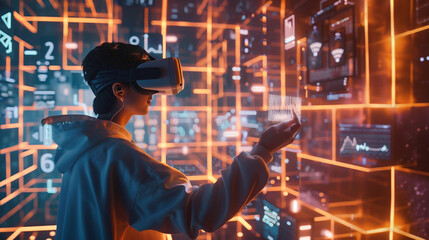 A person interacting with a virtual world using 6G technology, blending the physical and digital worlds in real-time