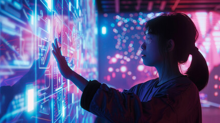 A person interacting with a virtual world using 6G technology, blending the physical and digital worlds in real-time