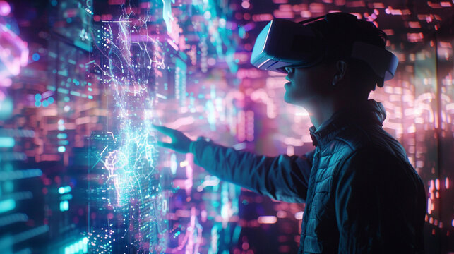 A person interacting with a virtual world using 6G technology, blending the physical and digital worlds in real-time