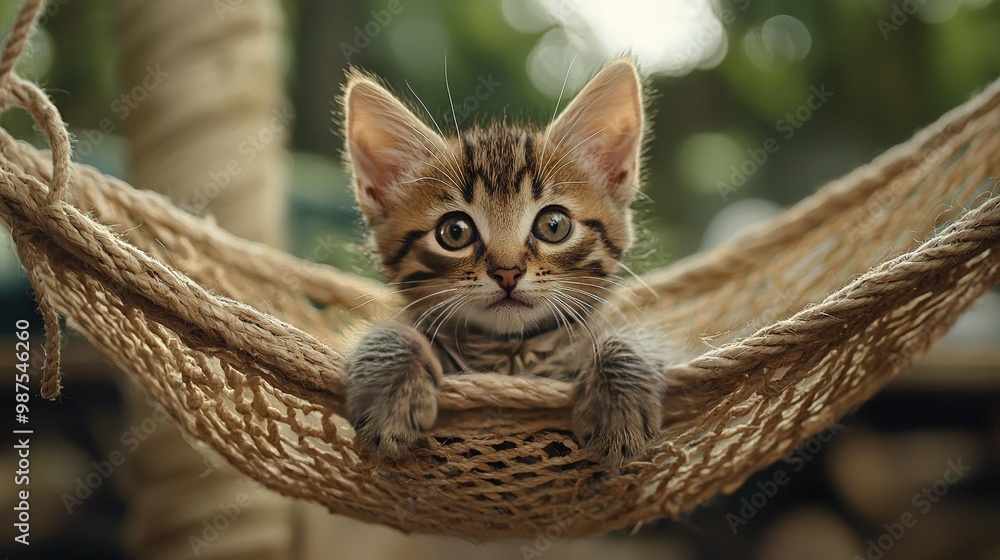 Wall mural   A kitten sat in a hammock, his paws resting on it and staring into the lens