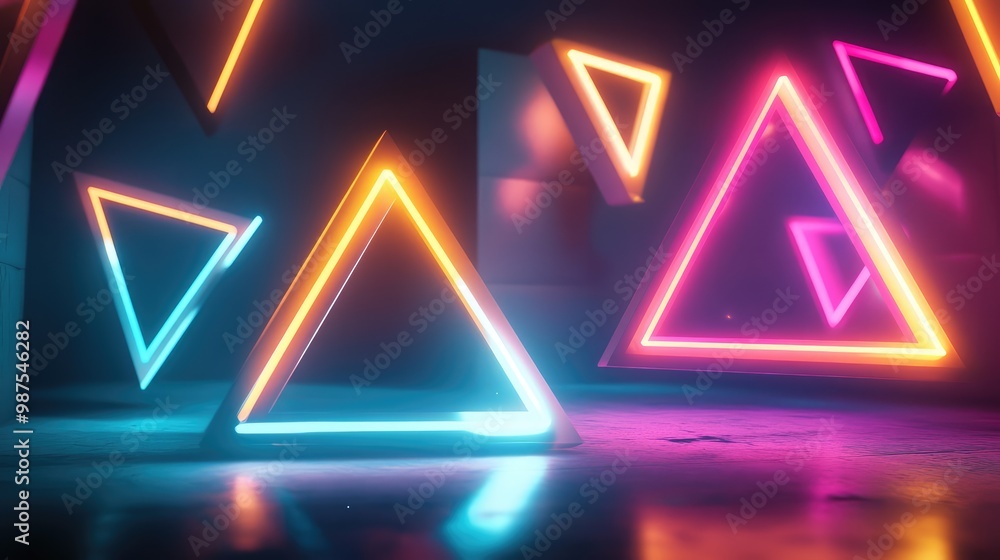 Poster floating 3d triangles with glowing neon edges, softly rotating in a surreal, dark space.
