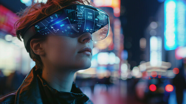 A person wearing smart glasses powered by 6G, visualizing augmented reality data overlays in a city environment