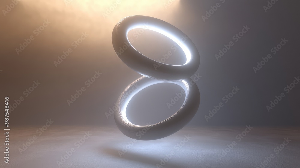 Poster a 3d model of interlocking rings made of different materials, floating in a space filled with soft g