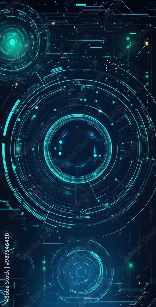 Poster futuristic digital interface with glowing blue circular patterns and intricate circuit elements for 
