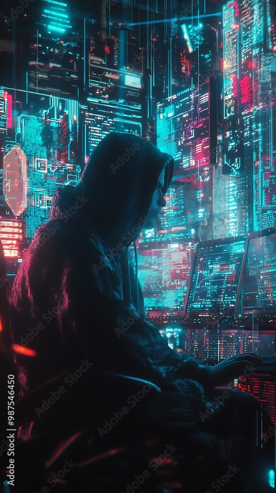 Aufkleber shadowed cyberpunk hacker surrounded by glowing monitors in a holographic data stream room
