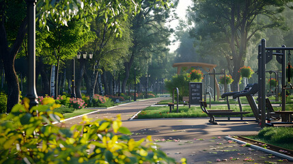 Obraz premium Tranquil Park with Outdoor Gym and Paved Path