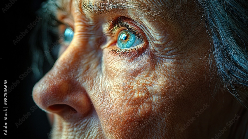 Poster   A close-up of a woman's face with blue eyes and wrinkles on her forehead