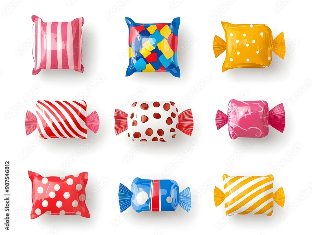 Poster collection of vibrant minimalist candy wrapper patterns featuring simple geometric designs such as c