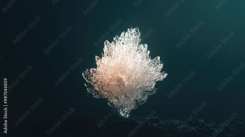Poster a 3d abstract object resembling a crystalline tree, softly glowing as it floats in a minimalist, dar