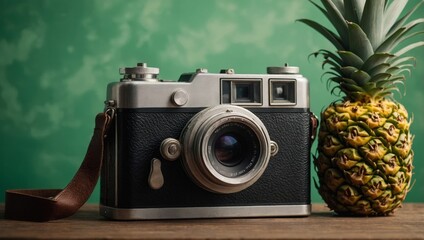 vintage camera on green background
