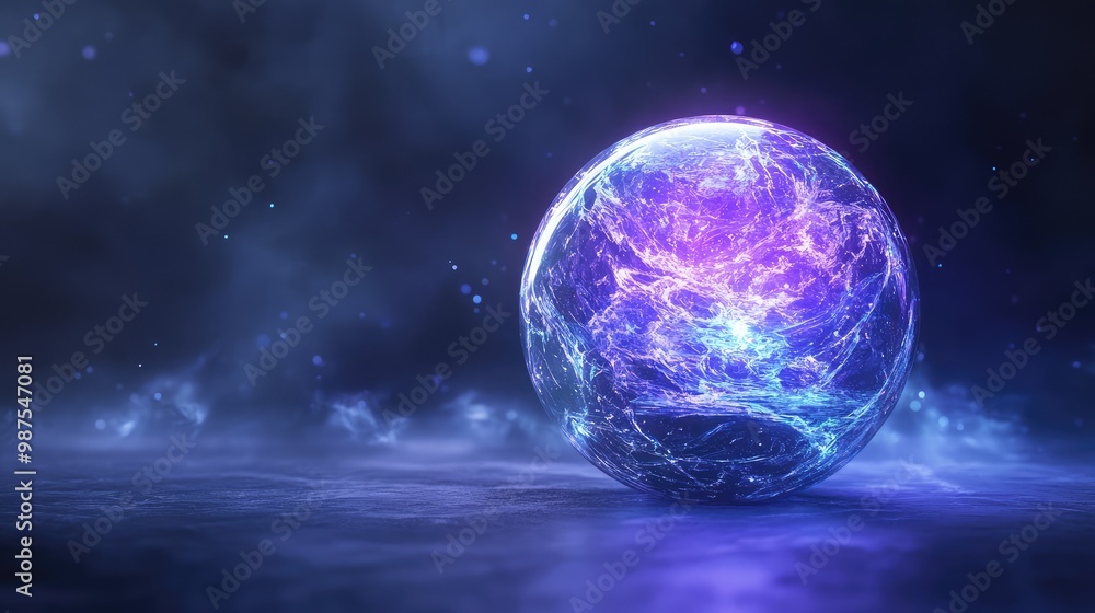 Poster a glowing 3d sphere with inner layers of abstract, crystalline patterns, softly illuminating the dar