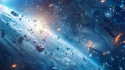 Obraz premium A satellite breaking apart after colliding with space debris, symbolizing the dangers of unmonitored objects in orbit.