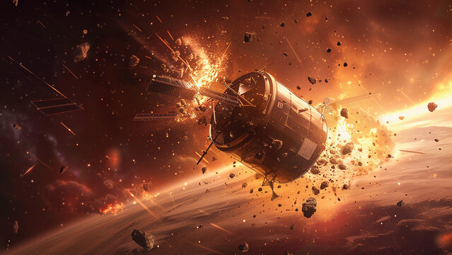 A satellite breaking apart after colliding with space debris, symbolizing the dangers of unmonitored objects in orbit.