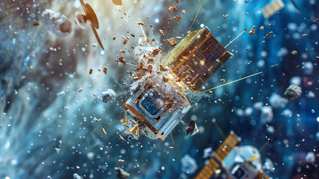 A satellite breaking apart after colliding with space debris, symbolizing the dangers of unmonitored objects in orbit.