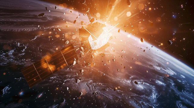A satellite breaking apart after colliding with space debris, symbolizing the dangers of unmonitored objects in orbit.