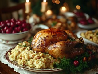 Close-up of a Thanksgiving feast with turkey, gravy