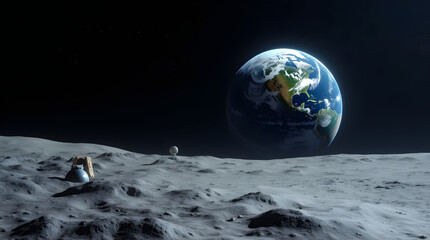 Earthrise from the Moon with Futuristic Space Exploration Equipment