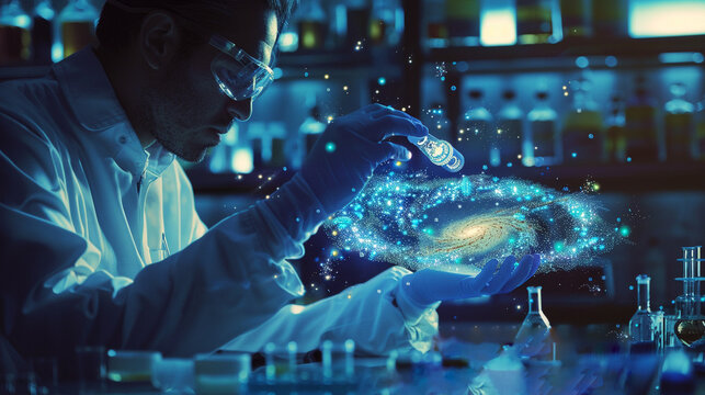 A scientist in a laboratory holding a holographic model of a distant galaxy, illustrating deep space research